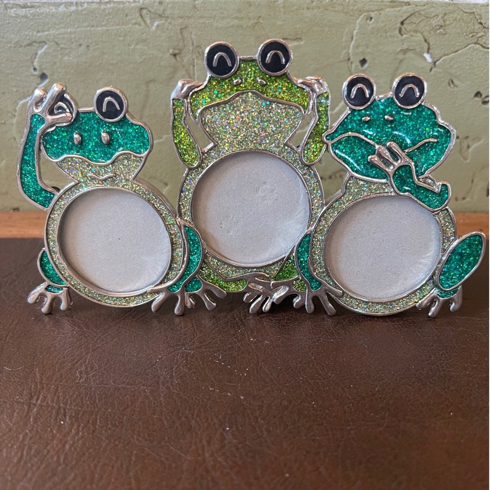 Vintage Whimsical 3 Frog Y2K See Hear Speak No Evil Glitter Metal Picture Frame